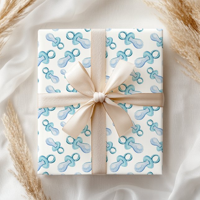 Pastel Watercolor Blue Baby Boy Pacifier Wrapping Paper (Creator Uploaded)
