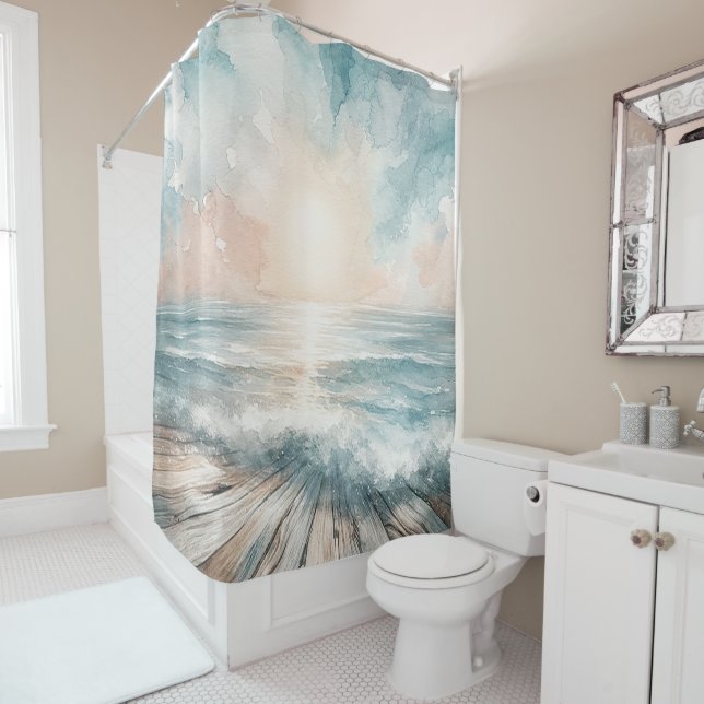 Pastel Watercolor Blue Beach Ocean Waves Wood Shower Curtain (In Situ)