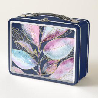 Pastel Watercolor Botanical Leaves Spiral Notebook Metal Lunch Box