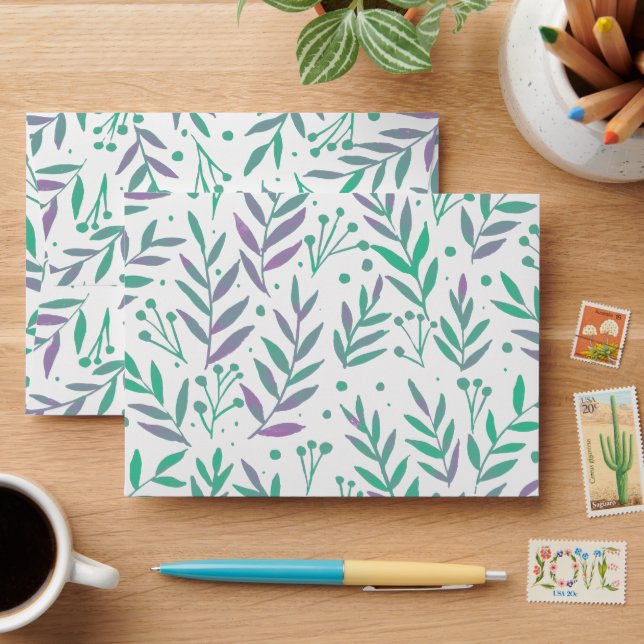 Pastel watercolor branches purple and green envelope (Desk)