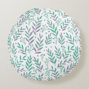 Pastel watercolor branches purple and green round cushion