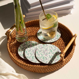 Pastel watercolor branches purple and green round paper coaster