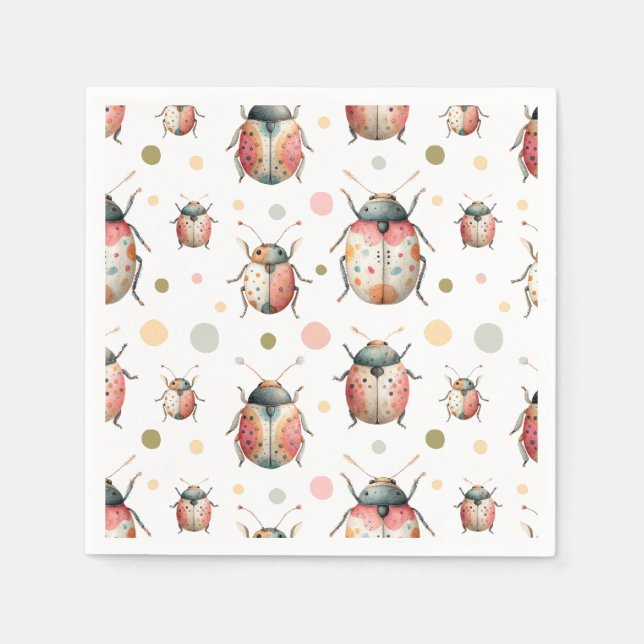Pastel Watercolor Bugs Cute Insect Pattern Beetles Napkin (Front)