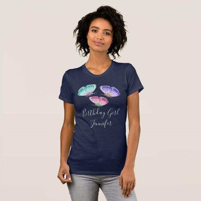 Pastel Watercolor Butterflies Birthday Girl T-Shirt (Front Full)