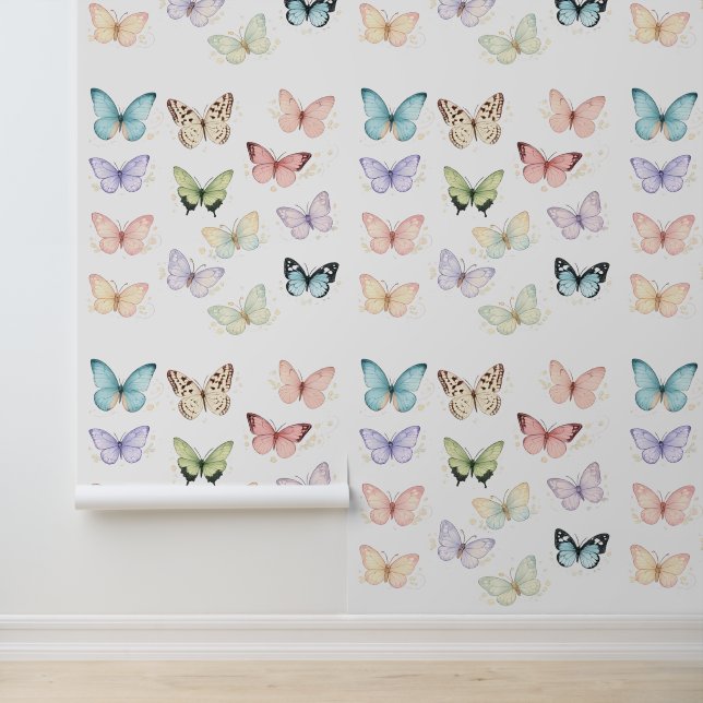 Pastel Watercolor Butterflies Nursery Baby Room Wallpaper (Application)