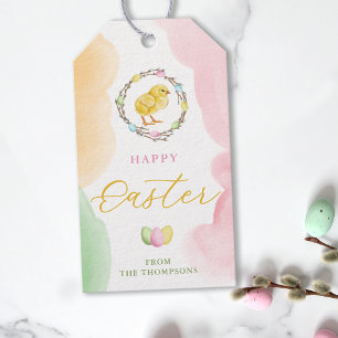 Pastel Watercolor Chick And Willow Wreath Easter Gift Tags