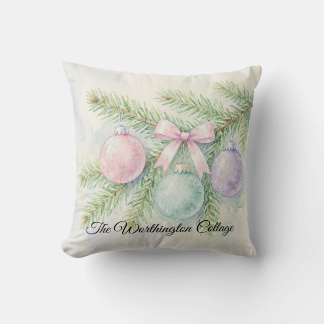 Pastel Watercolor Christmas Ornaments Pine Branch Cushion (Front)