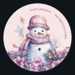 Pastel Watercolor Christmas Snowman Classic Round Sticker<br><div class="desc">Add a touch of winter magic to your Christmas decorations with these pastel watercolor Christmas snowman stickers. Featuring a charming snowman surrounded by gift boxes and flowers in soft lilac and pink hues, these stickers are perfect for adding a festive and whimsical touch to any holiday gathering. Customise them with...</div>