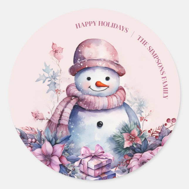 Pastel Watercolor Christmas Snowman Classic Round Sticker (Front)