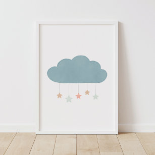Pastel Watercolor Cloud and Stars Nursery Poster