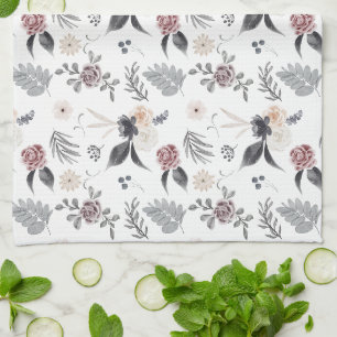 Pastel Watercolor Colourful Roses Grey Leaves Tea Towel
