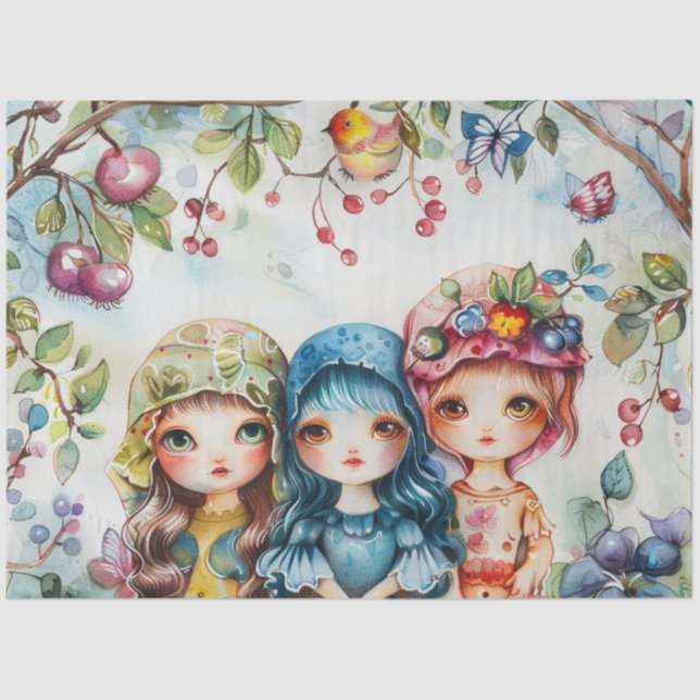 Pastel Watercolor Doll-like Girls Decoupage Tissue Paper (Front)