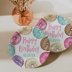 Pastel Watercolor Doughnut Personalised Birthday Paper Plate
