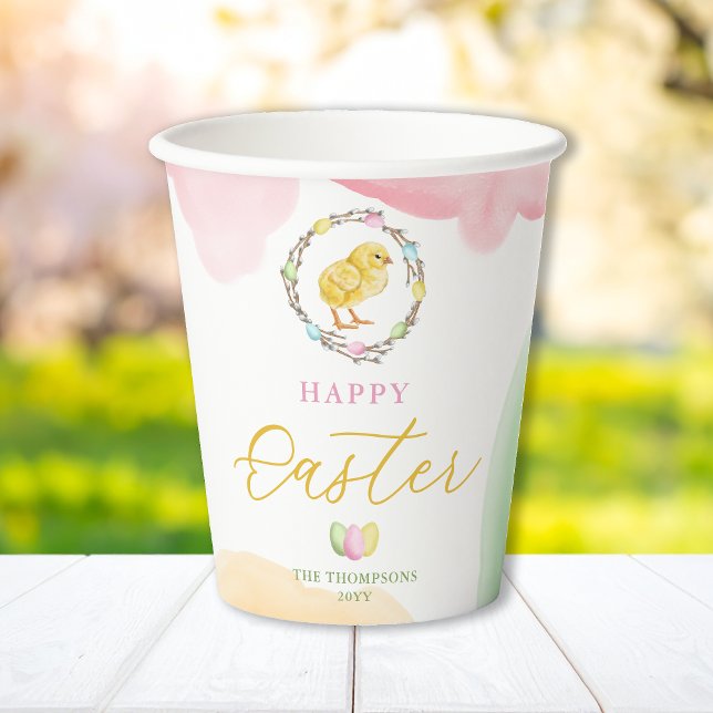 Pastel Watercolor Easter Wreath With Yellow Chick Paper Cups (Creator Uploaded)
