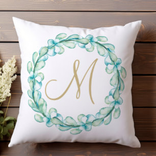Pastel Watercolor Eucalyptus Wreath Monogram Cushion
