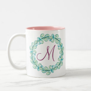 Pastel Watercolor Eucalyptus Wreath Monogram Two-Tone Coffee Mug