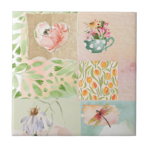 Pastel watercolor floral and natural Collage art Tile