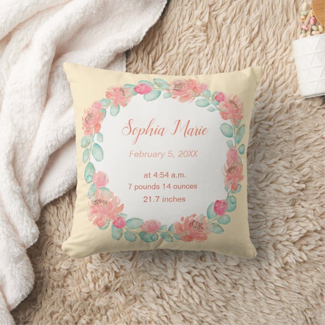 Pastel Watercolor Floral Baby Girl Birth Stats Cushion (Blanket)
