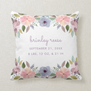 Pastel Watercolor Floral Birth Information Baby Cushion