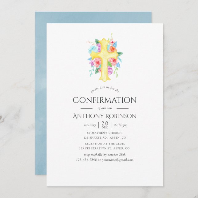 Pastel Watercolor Floral Boy Confirmation Invitation (Front/Back)
