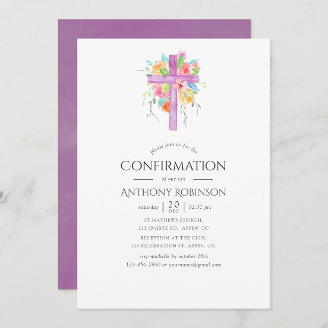Pastel Watercolor Floral Boy Confirmation Invitation (Front/Back)
