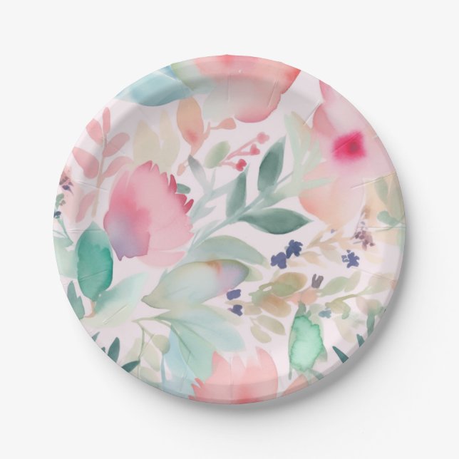 Pastel Watercolor Floral Bridal Shower  Paper Plate (Front)
