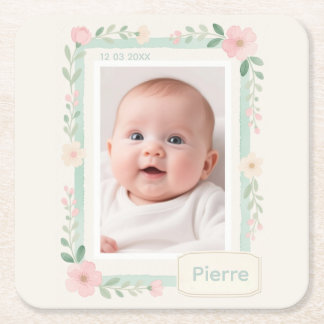 Pastel Watercolor Floral Empty Photo Frame Square Paper Coaster