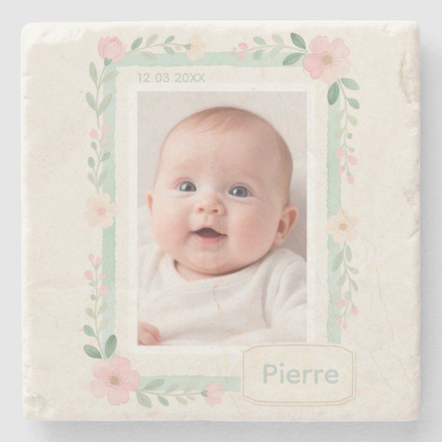 Pastel Watercolor Floral Empty Photo Frame Stone Coaster (Front)