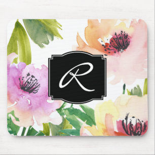 Pastel Watercolor Floral Monogrammed Mouse Pad