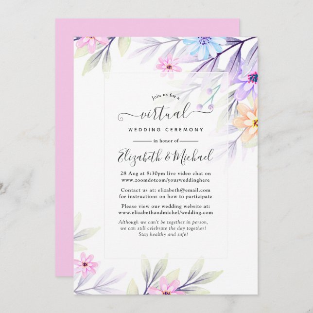 Pastel Watercolor Floral Online Virtual Wedding Invitation (Front/Back)