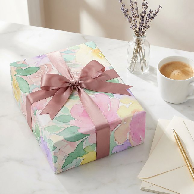 Pastel Watercolor Floral Pattern – Soft Spring  Wrapping Paper (#giftbox #watercolorflowers #pastelflowers #softcolor #softflowers #watercoloflowers #pinkfloral)
