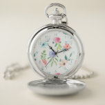Pastel Watercolor Floral Pocket Watch<br><div class="desc">Pretty pastel watercolor style flowers and leaves on transparent background with opaque white band and pastel blue numbers. Seamless repeatable pattern can be scaled up or down or repositioned.</div>