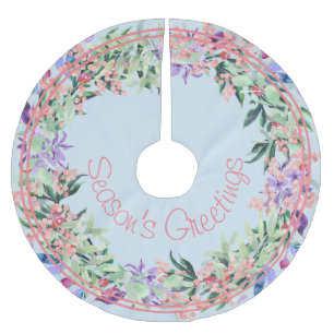 Pastel Watercolor Floral Season's Greetings Brushed Polyester Tree Skirt