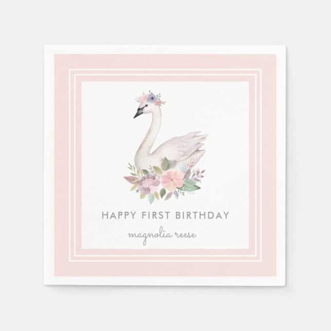 Pastel Watercolor Floral Swan Princess Birthday Napkin (Front)