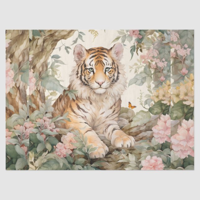 Pastel Watercolor Floral Tiger Decoupage  Tissue Paper (Front)