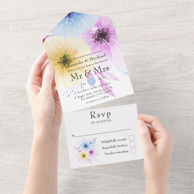 Pastel Watercolor Floral Wedding All In One Invitation (Tearaway)