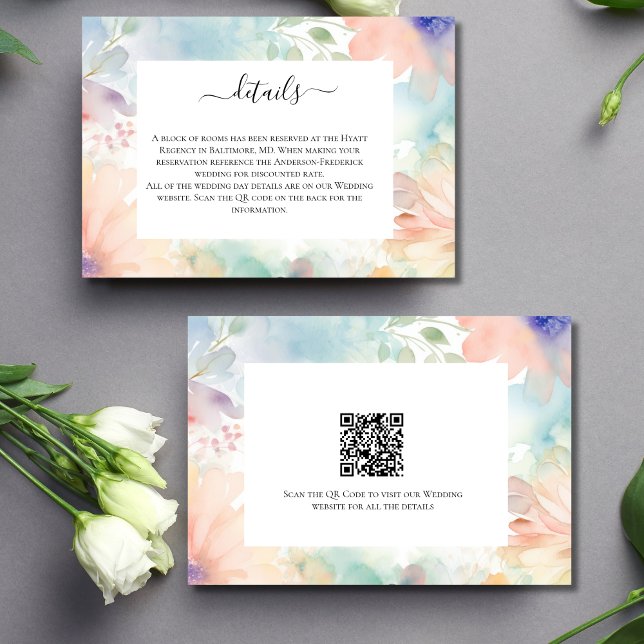 Pastel Watercolor Floral Wedding Details Card (Pastel Floral Watercolor Wedding Details Card with QR code)