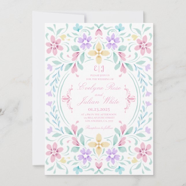 Pastel Watercolor Floral Wedding Invitation (Front)