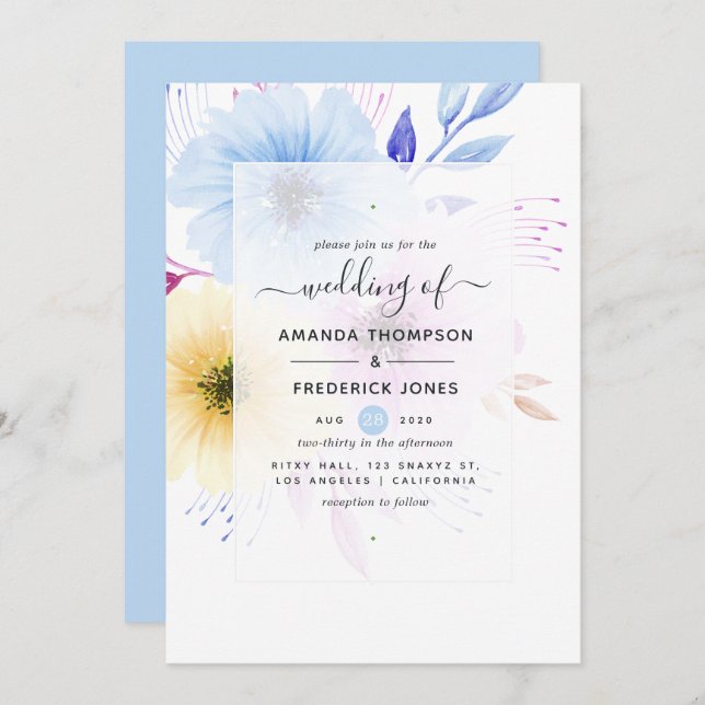 Pastel Watercolor Floral Wedding Invitation (Front/Back)
