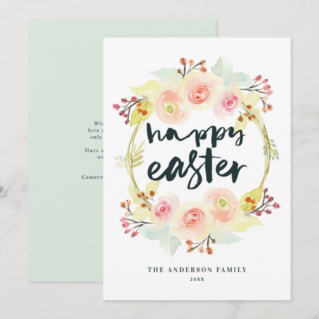 Pastel Watercolor Floral Wreath Happy Easter Holiday Card (Front/Back)