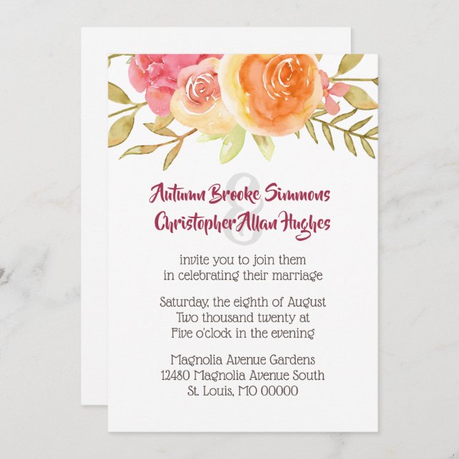 Pastel Watercolor Florals Wedding Invitation (Front/Back)