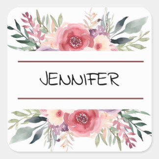Pastel Watercolor Flower Floral Border Name Square Sticker