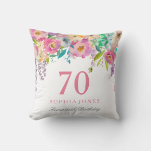 Pastel Watercolor Flowers 70th Birthday Party Gift Cushion