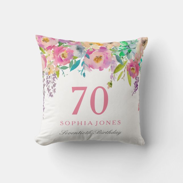 Pastel Watercolor Flowers 70th Birthday Party Gift Cushion (Front)