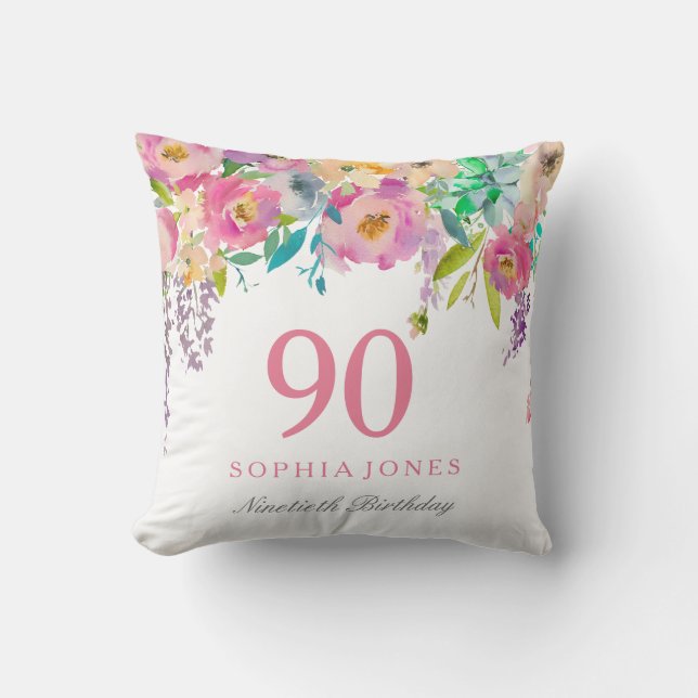 Pastel Watercolor Flowers 90th Birthday Gift Cushion (Front)