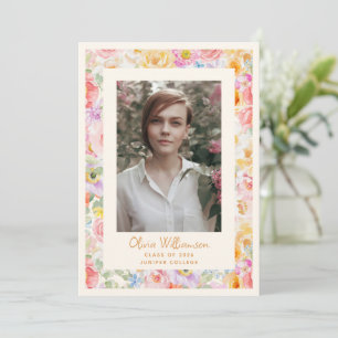 Pastel Watercolor Flowers Cute Graduation Photo Announcement