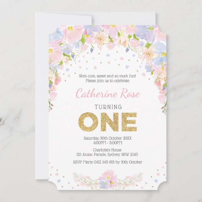 Pastel Watercolor Flowers First Birthday Invite (Front)
