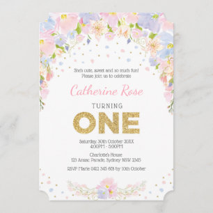 Pastel Watercolor Flowers First Birthday Invite