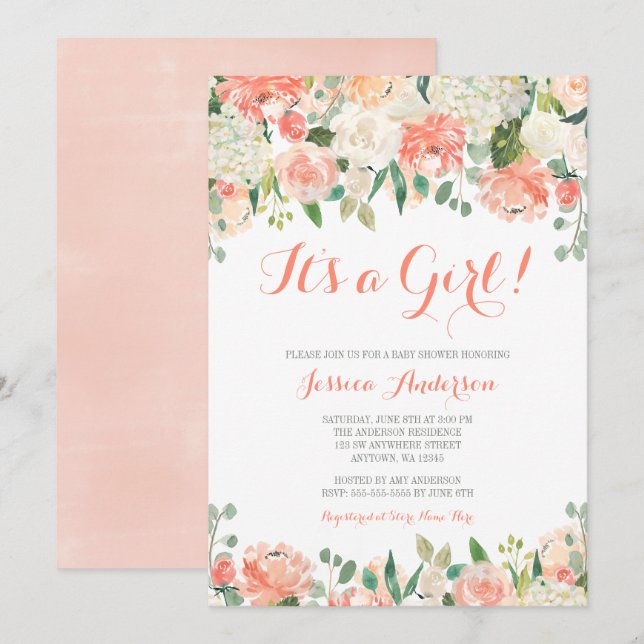 Pastel Watercolor Flowers Girl Baby Shower Invitation (Front/Back)