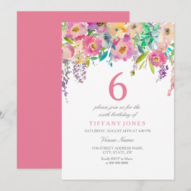 Pastel Watercolor Flowers Girls 6th Birthday Party Invitation (Front/Back)
